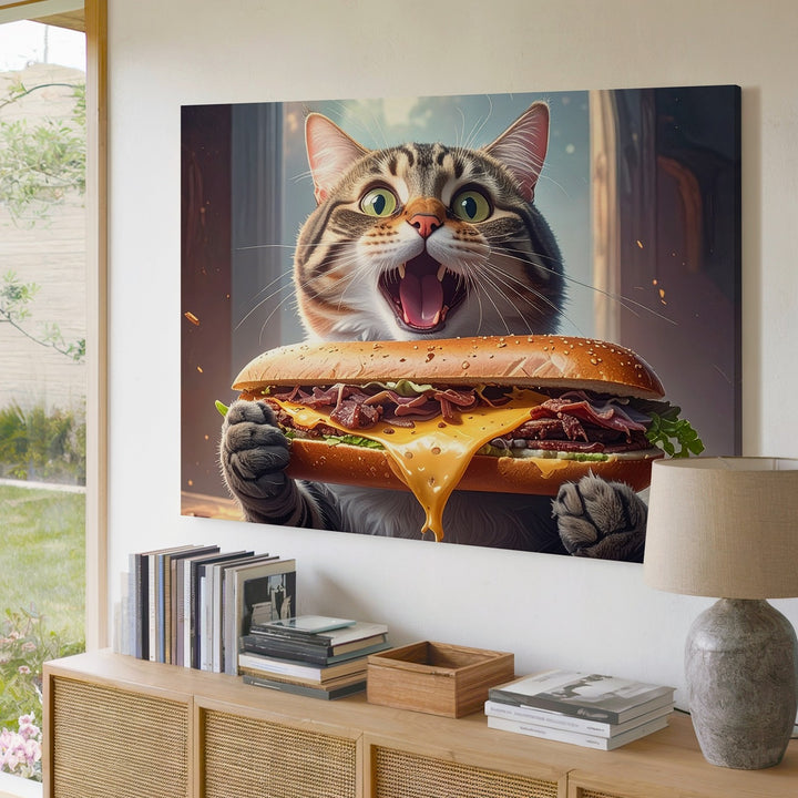 Shocked Tabby Cat with Giant Sandwich Canvas – Comical Feline Food Obsession - Gifitto