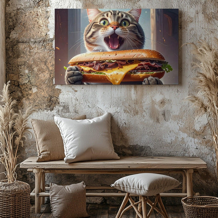 Shocked Tabby Cat with Giant Sandwich Canvas – Comical Feline Food Obsession - Gifitto