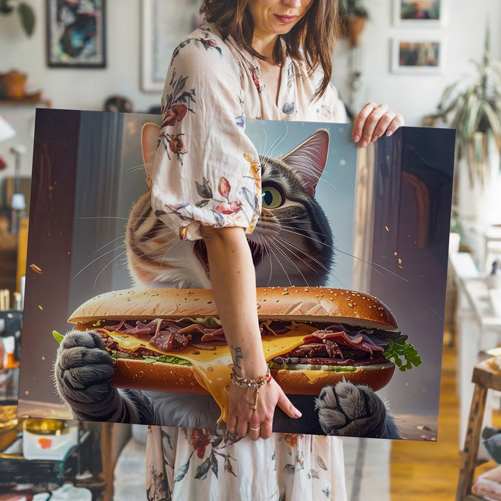 Shocked Tabby Cat with Giant Sandwich Canvas – Comical Feline Food Obsession - Gifitto