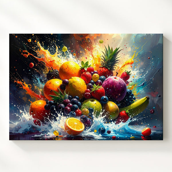 Cosmic Fruit Explosion Canvas – Dynamic Digital Burst of Multicolored Fruits - Gifitto