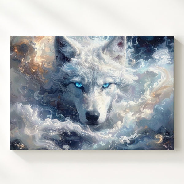 Spirit Wolf in Mist Canvas – Ethereal Cloud Guardian Wall Art - Gifitto