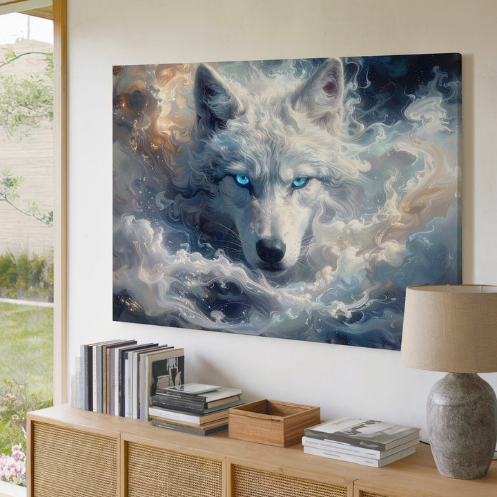 Spirit Wolf in Mist Canvas – Ethereal Cloud Guardian Wall Art - Gifitto