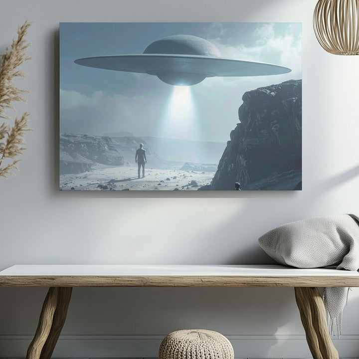 UFO Encounter Canvas – Lone Figure and Ethereal Light Beam - Gifitto