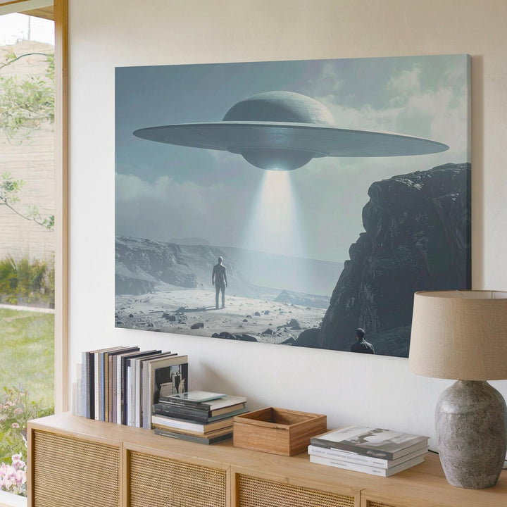 UFO Encounter Canvas – Lone Figure and Ethereal Light Beam - Gifitto