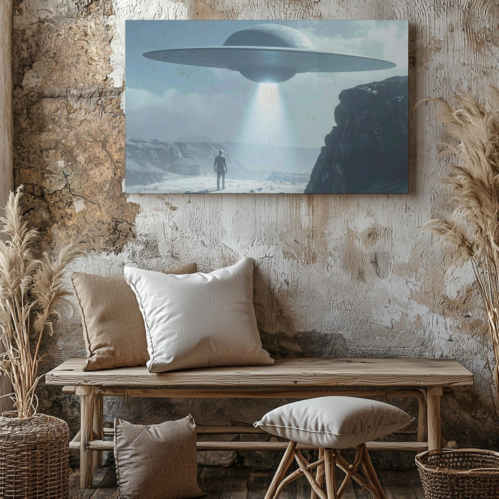 UFO Encounter Canvas – Lone Figure and Ethereal Light Beam - Gifitto