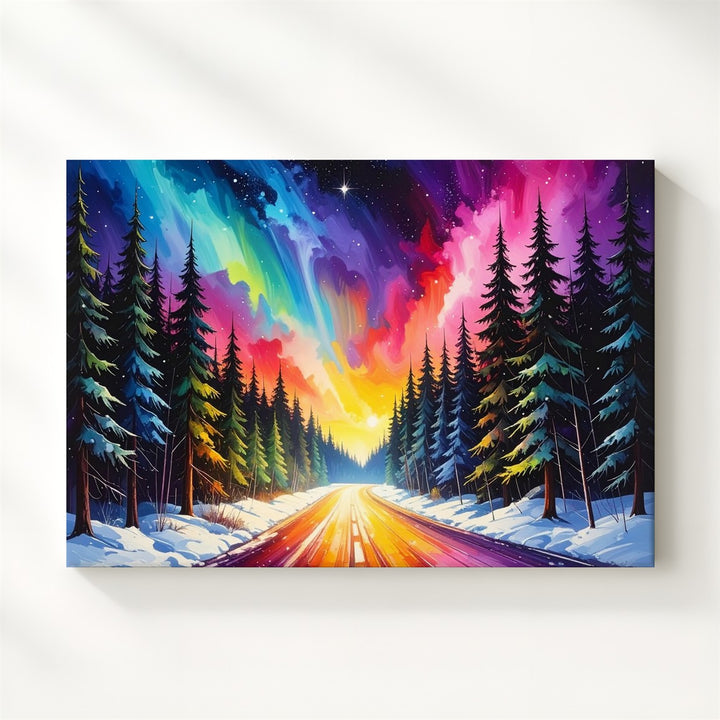 Starlit Winter Road Canvas – Aurora Forest Path in Radiant Snowy Light - Gifitto