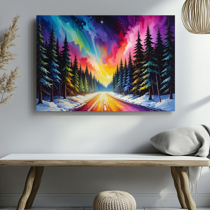 Starlit Winter Road Canvas – Aurora Forest Path in Radiant Snowy Light - Gifitto