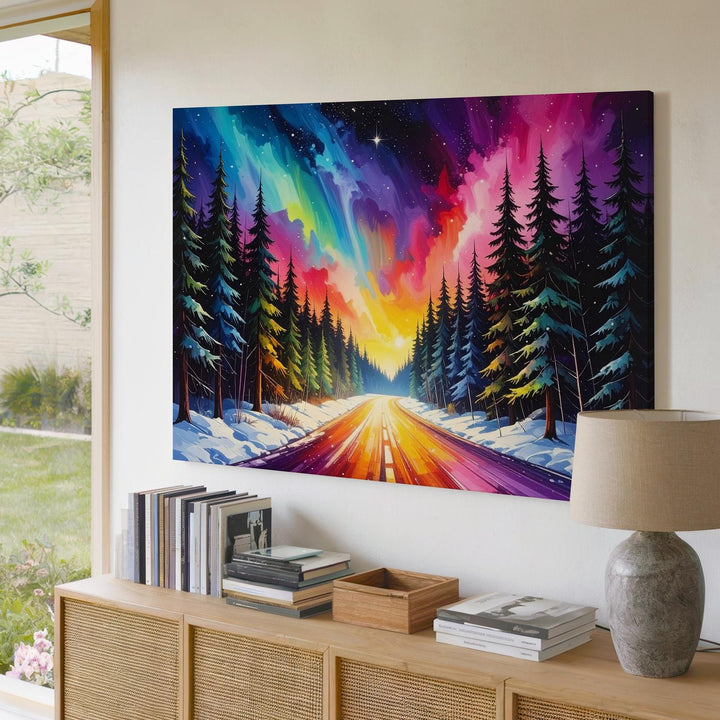 Starlit Winter Road Canvas – Aurora Forest Path in Radiant Snowy Light - Gifitto