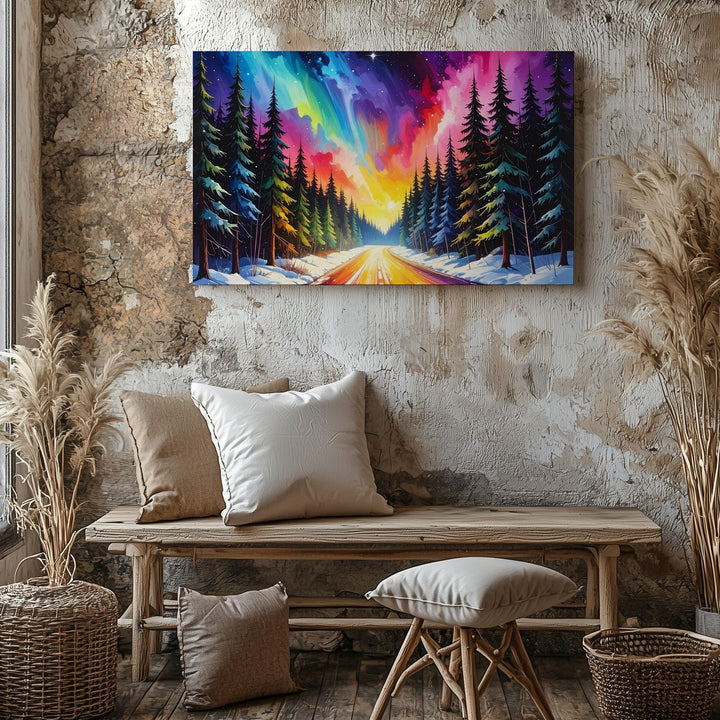 Starlit Winter Road Canvas – Aurora Forest Path in Radiant Snowy Light - Gifitto