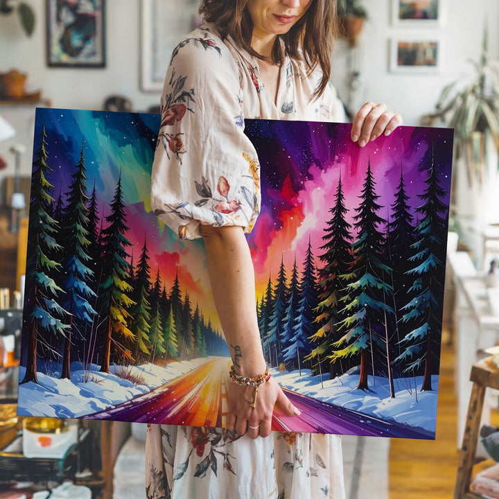 Starlit Winter Road Canvas – Aurora Forest Path in Radiant Snowy Light - Gifitto