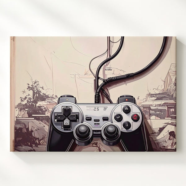 Retro PlayStation Controller Canvas – Minimalist Black & White Gaming Art - Gifitto