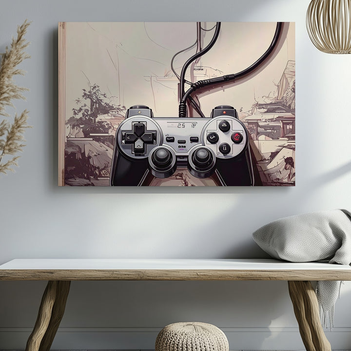 Retro PlayStation Controller Canvas – Minimalist Black & White Gaming Art - Gifitto