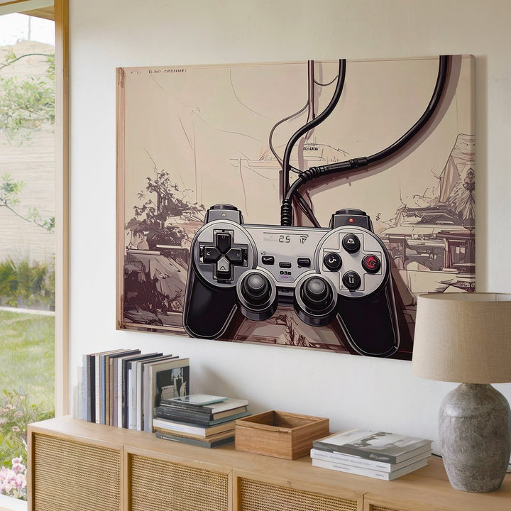 Retro PlayStation Controller Canvas – Minimalist Black & White Gaming Art - Gifitto
