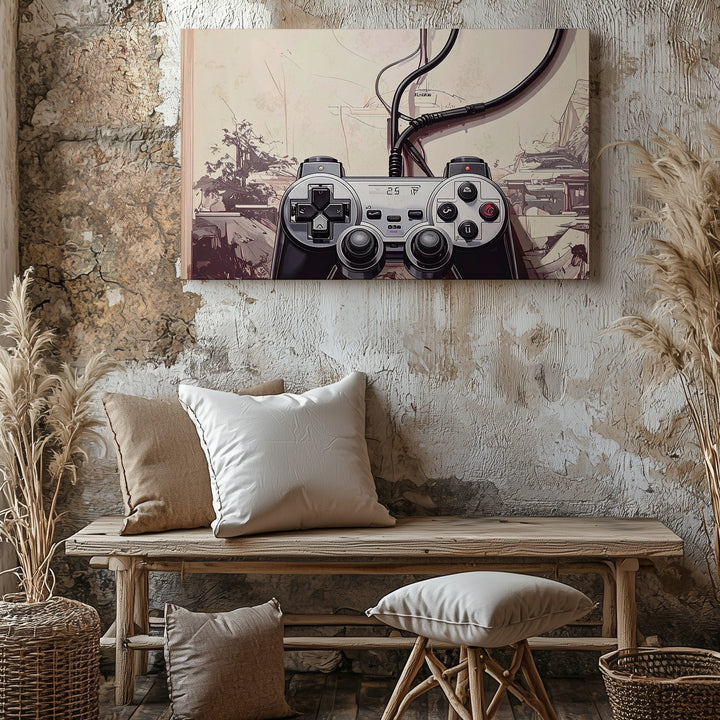 Retro PlayStation Controller Canvas – Minimalist Black & White Gaming Art - Gifitto