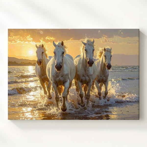 Golden Gallop Canvas – White Horses Running Through Ocean at Sunset - Gifitto