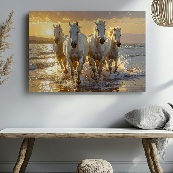 Golden Gallop Canvas – White Horses Running Through Ocean at Sunset - Gifitto