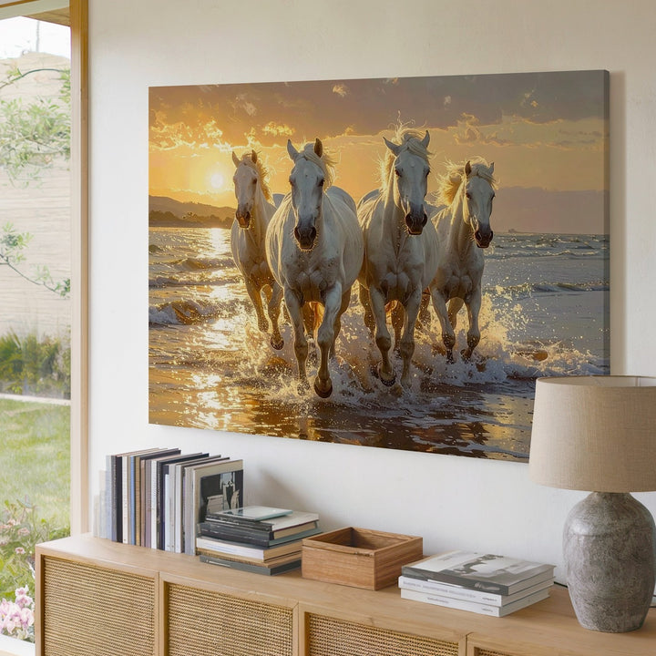 Golden Gallop Canvas – White Horses Running Through Ocean at Sunset - Gifitto