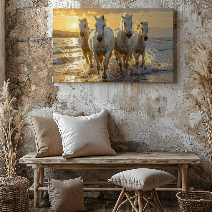 Golden Gallop Canvas – White Horses Running Through Ocean at Sunset - Gifitto