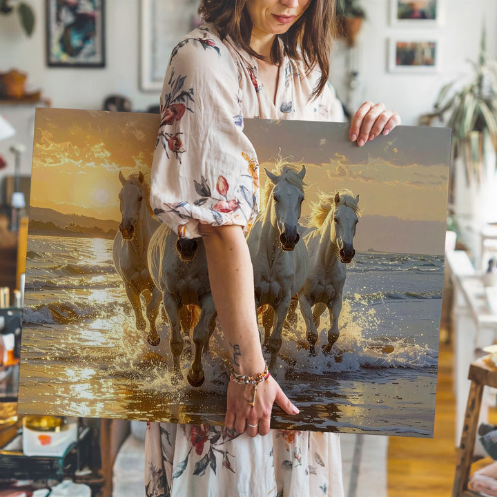 Golden Gallop Canvas – White Horses Running Through Ocean at Sunset - Gifitto