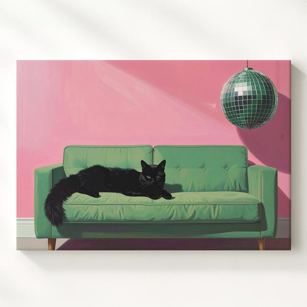 Disco Cat on Green Couch Canvas – Playful Retro Minimalist Wall Art - Gifitto