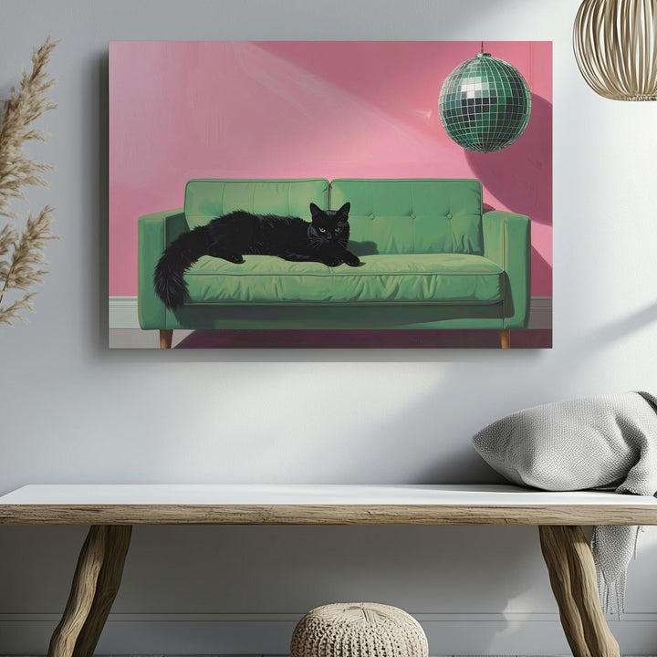 Disco Cat on Green Couch Canvas – Playful Retro Minimalist Wall Art - Gifitto