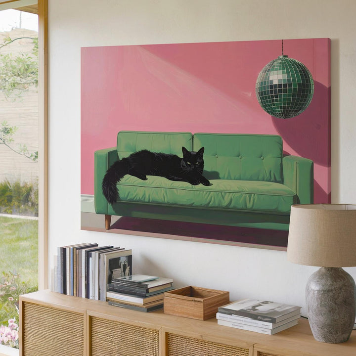 Disco Cat on Green Couch Canvas – Playful Retro Minimalist Wall Art - Gifitto