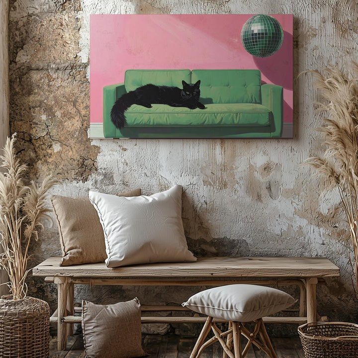 Disco Cat on Green Couch Canvas – Playful Retro Minimalist Wall Art - Gifitto