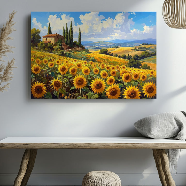 Tuscan Sunflower Field Canvas – Warm Countryside Landscape Wall Art - Gifitto