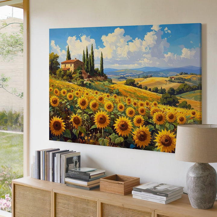 Tuscan Sunflower Field Canvas – Warm Countryside Landscape Wall Art - Gifitto