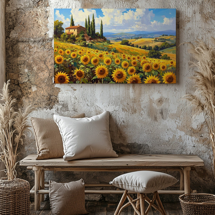 Tuscan Sunflower Field Canvas – Warm Countryside Landscape Wall Art - Gifitto