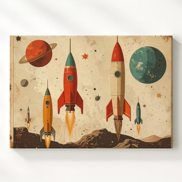 Retro Rocket Fleet Canvas – Vintage Space Nursery Wall Art - Gifitto