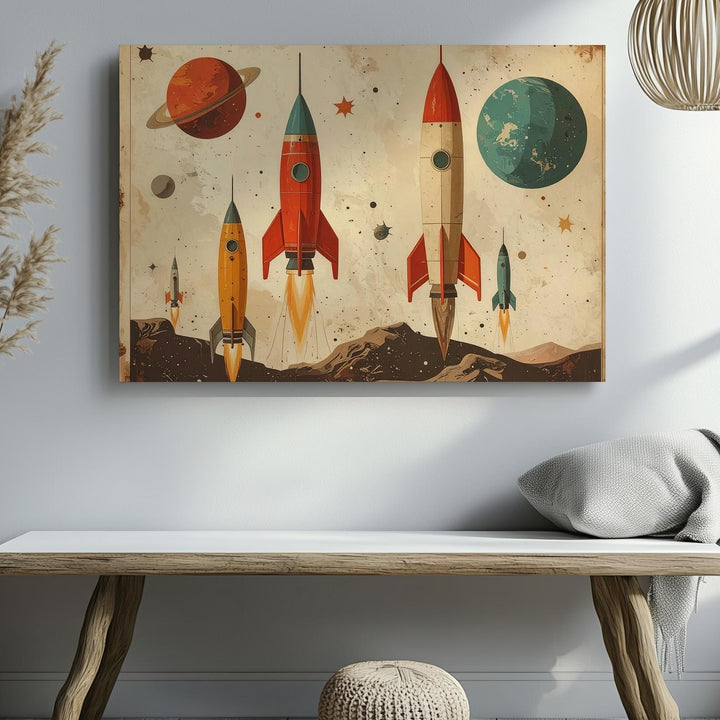 Retro Rocket Fleet Canvas – Vintage Space Nursery Wall Art - Gifitto
