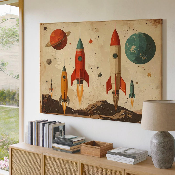 Retro Rocket Fleet Canvas – Vintage Space Nursery Wall Art - Gifitto