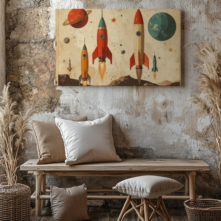 Retro Rocket Fleet Canvas – Vintage Space Nursery Wall Art - Gifitto