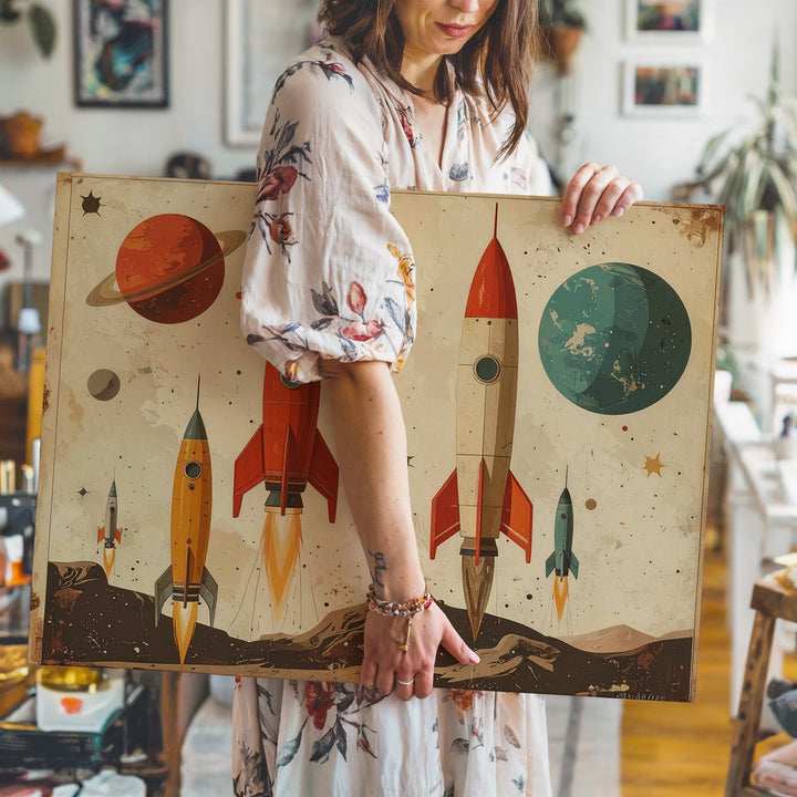 Retro Rocket Fleet Canvas – Vintage Space Nursery Wall Art - Gifitto
