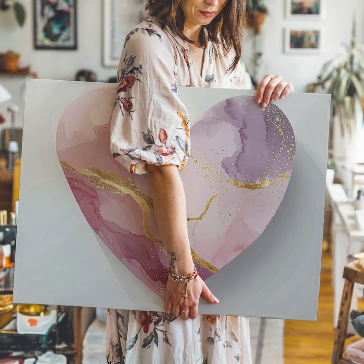 Serene Heart Canvas – Watercolor Art in Pink, Lavender, and Gold - Gifitto