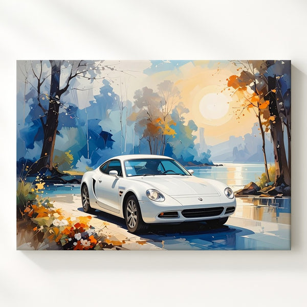 Watercolor Porsche Canvas – Dreamlike White Car in Twilight Forest Scene - Gifitto
