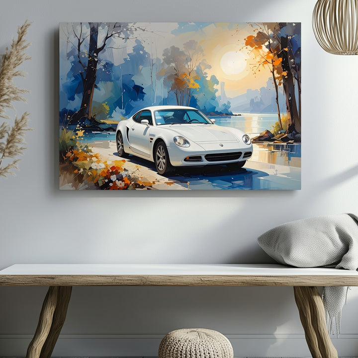 Watercolor Porsche Canvas – Dreamlike White Car in Twilight Forest Scene - Gifitto