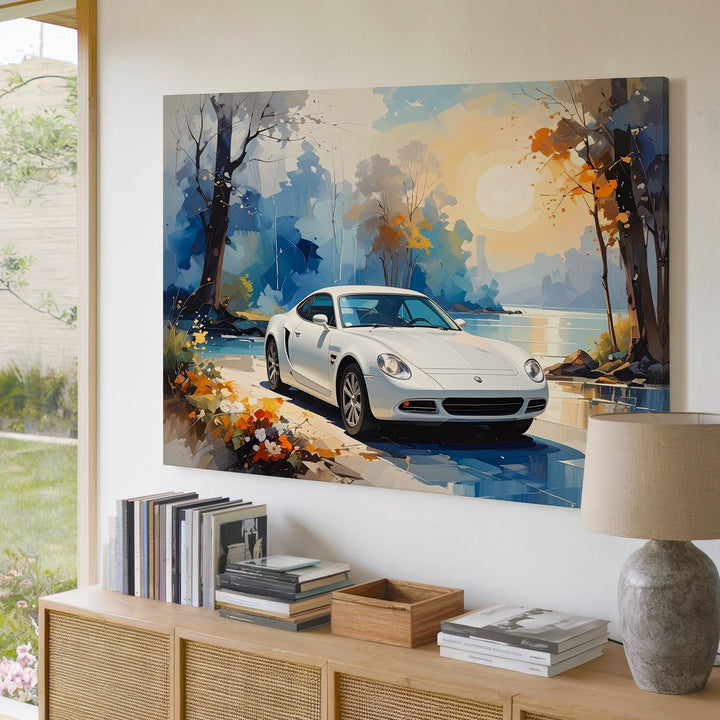 Watercolor Porsche Canvas – Dreamlike White Car in Twilight Forest Scene - Gifitto