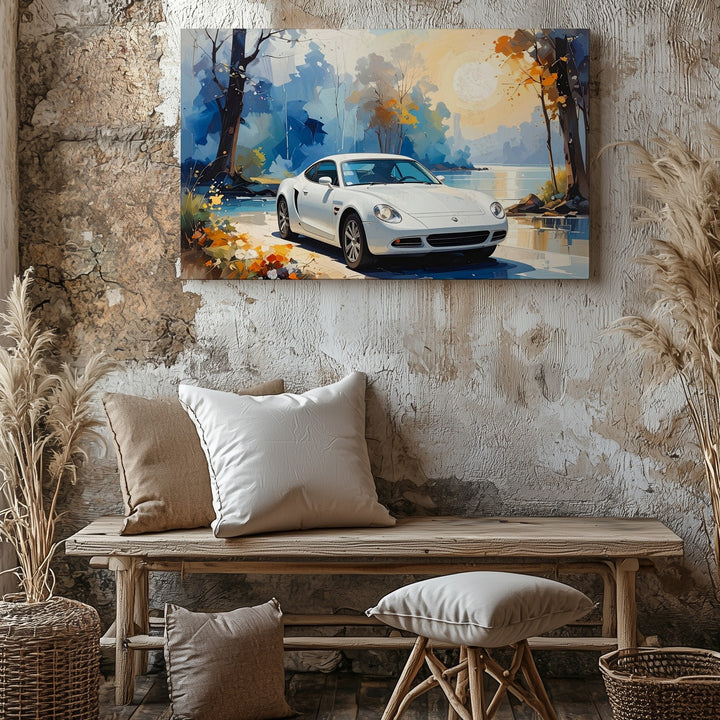Watercolor Porsche Canvas – Dreamlike White Car in Twilight Forest Scene - Gifitto