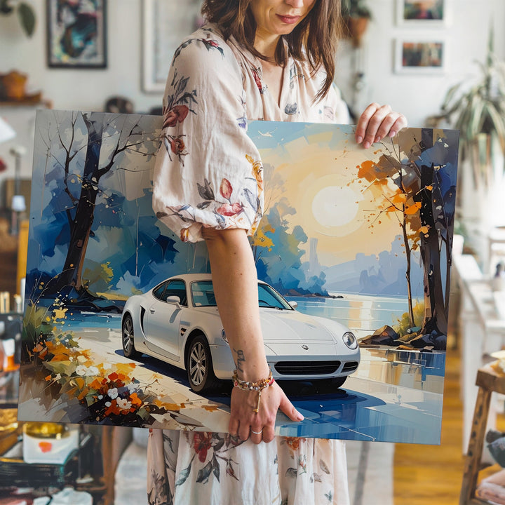Watercolor Porsche Canvas – Dreamlike White Car in Twilight Forest Scene - Gifitto