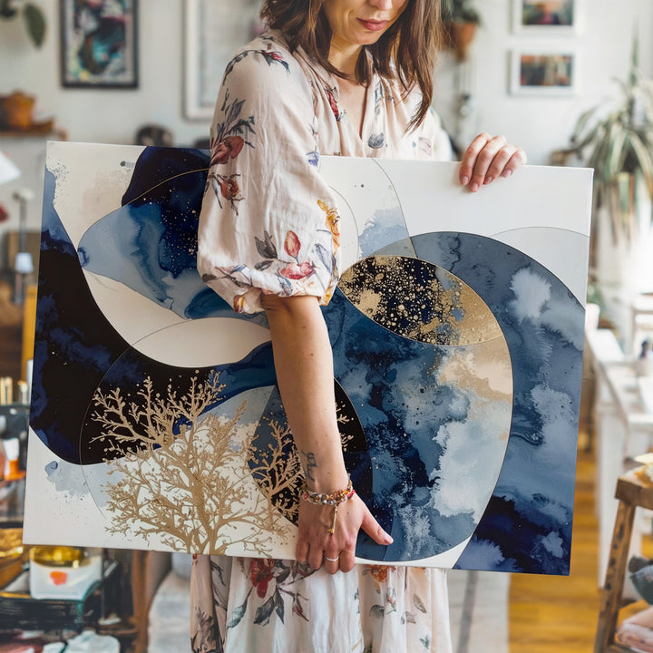 Celestial Tide Abstract Canvas – Indigo & Blue Organic Shapes Art - Gifitto