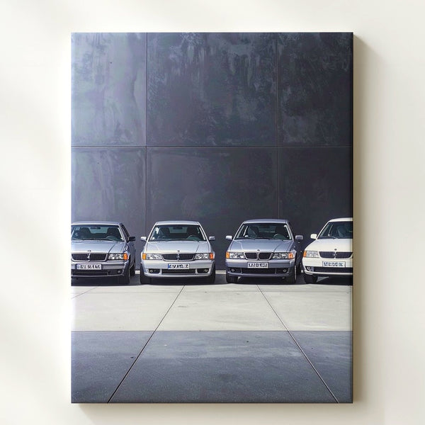 BMW M3 Lineup Canvas – Classic Car Evolution in Industrial Setting - Gifitto