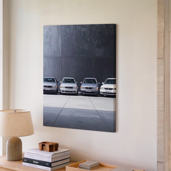 BMW M3 Lineup Canvas – Classic Car Evolution in Industrial Setting - Gifitto