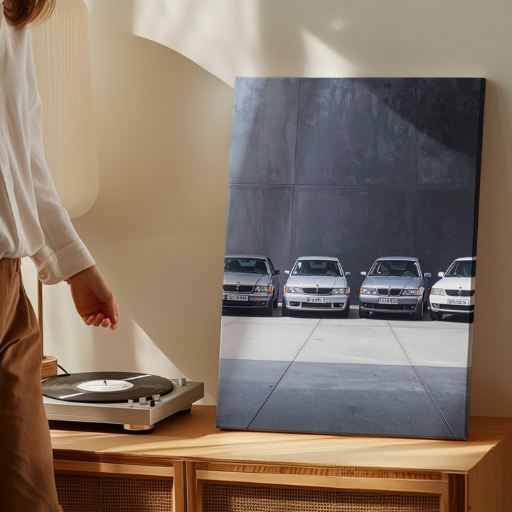 BMW M3 Lineup Canvas – Classic Car Evolution in Industrial Setting - Gifitto