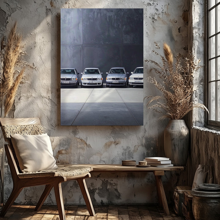 BMW M3 Lineup Canvas – Classic Car Evolution in Industrial Setting - Gifitto