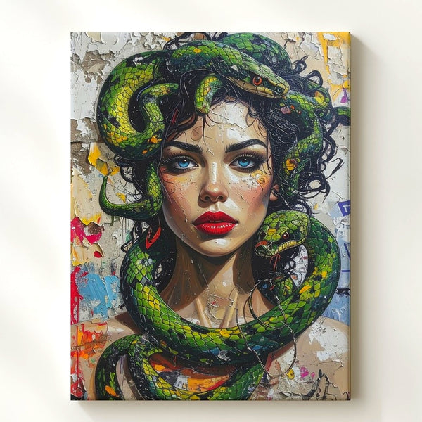 Urban Medusa Canvas – Street Art Portrait with Vivid Snakes and Graffiti - Gifitto