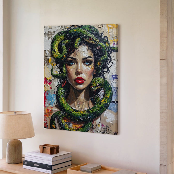 Urban Medusa Canvas – Street Art Portrait with Vivid Snakes and Graffiti - Gifitto