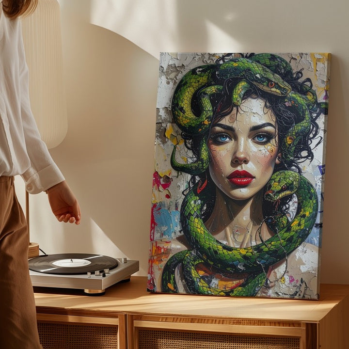 Urban Medusa Canvas – Street Art Portrait with Vivid Snakes and Graffiti - Gifitto