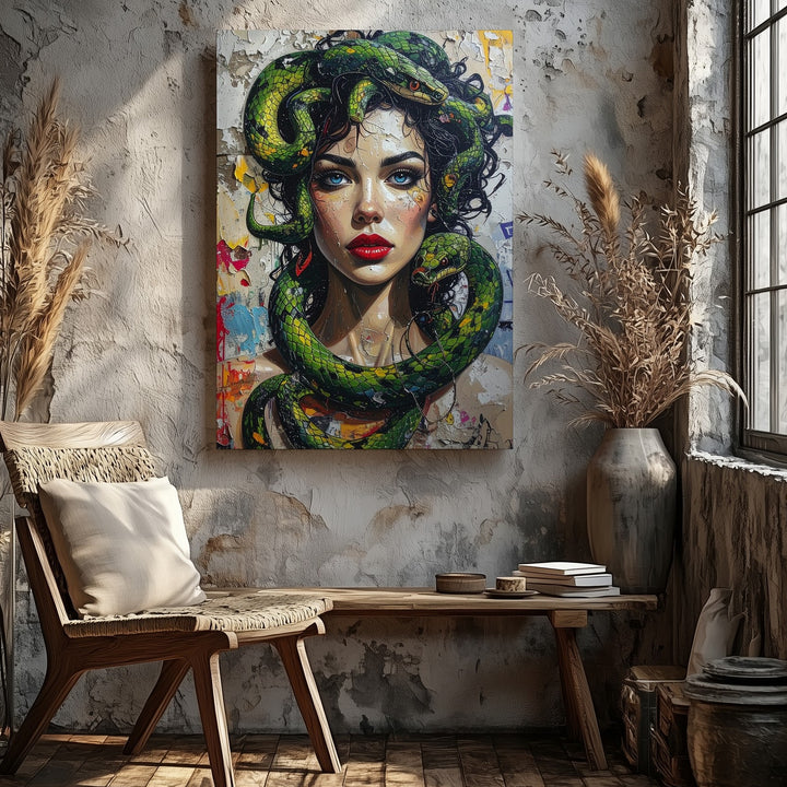 Urban Medusa Canvas – Street Art Portrait with Vivid Snakes and Graffiti - Gifitto